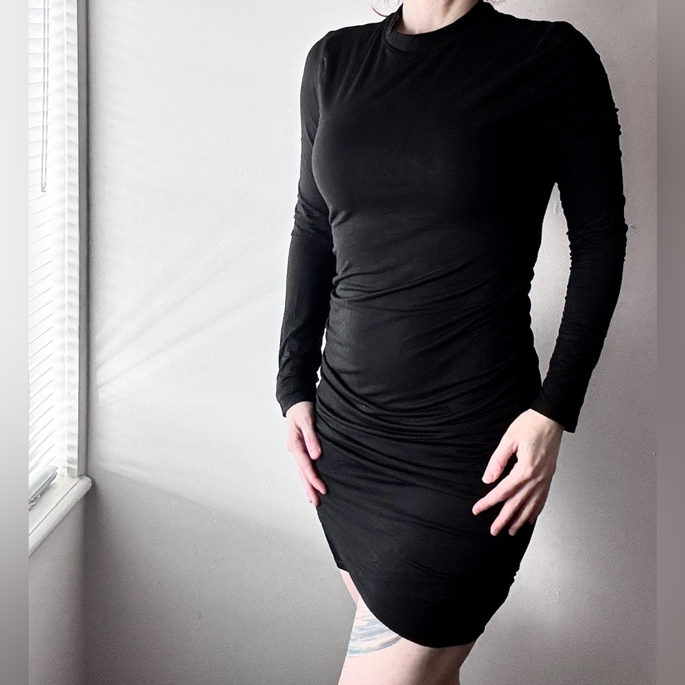 Black Ruched Bodycon Mini Dress Long Sleeve Cutout Back NWT S